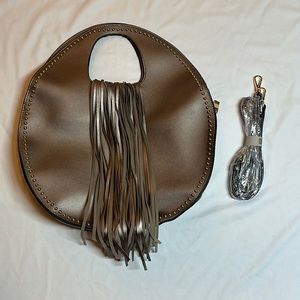 NWOT Mezon stud embellished fringed circle satchel handbag with gold hardware